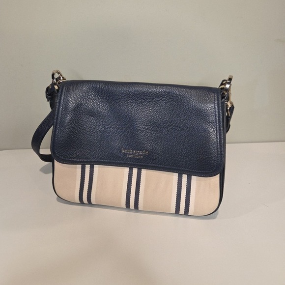 kate spade Handbags - Kate Spade New York Crossbody Bag Navy Blue Leather Striped Canvas Flap Handbag